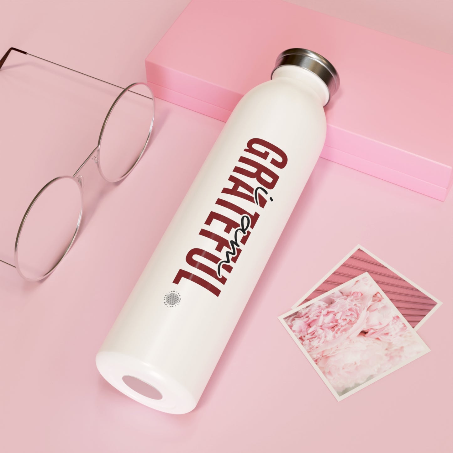 I Am Grateful 20 oz water bottle white