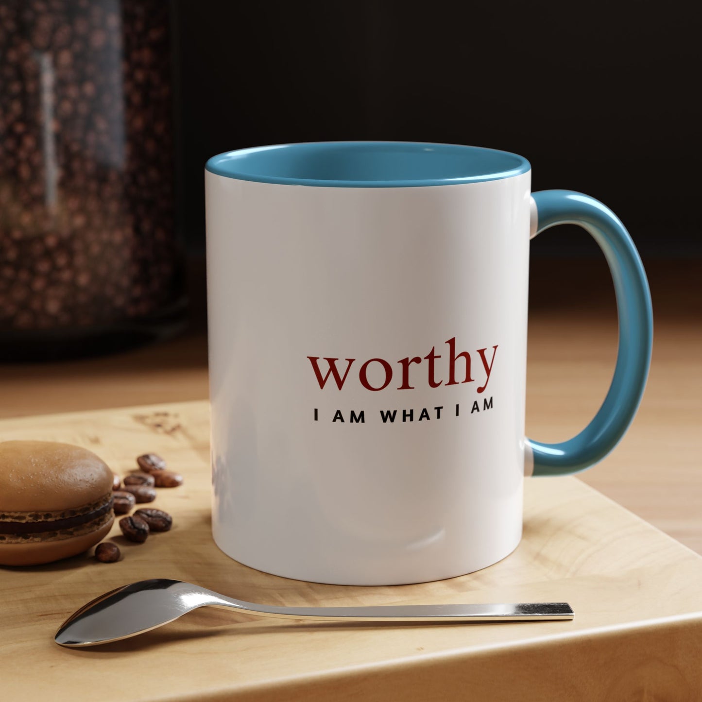 blue and white worthy 11 oz mug