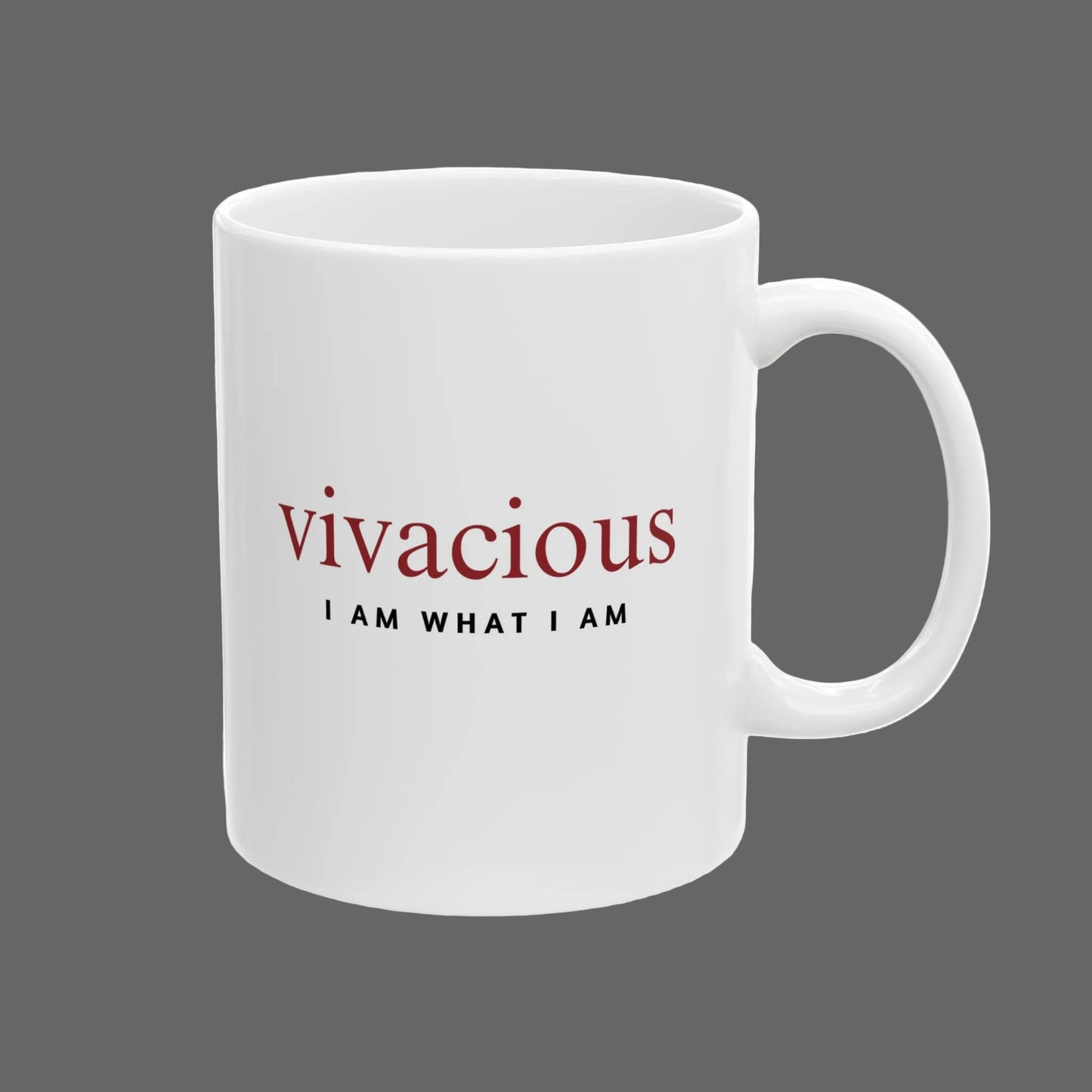 White mug with red and black text on a white background