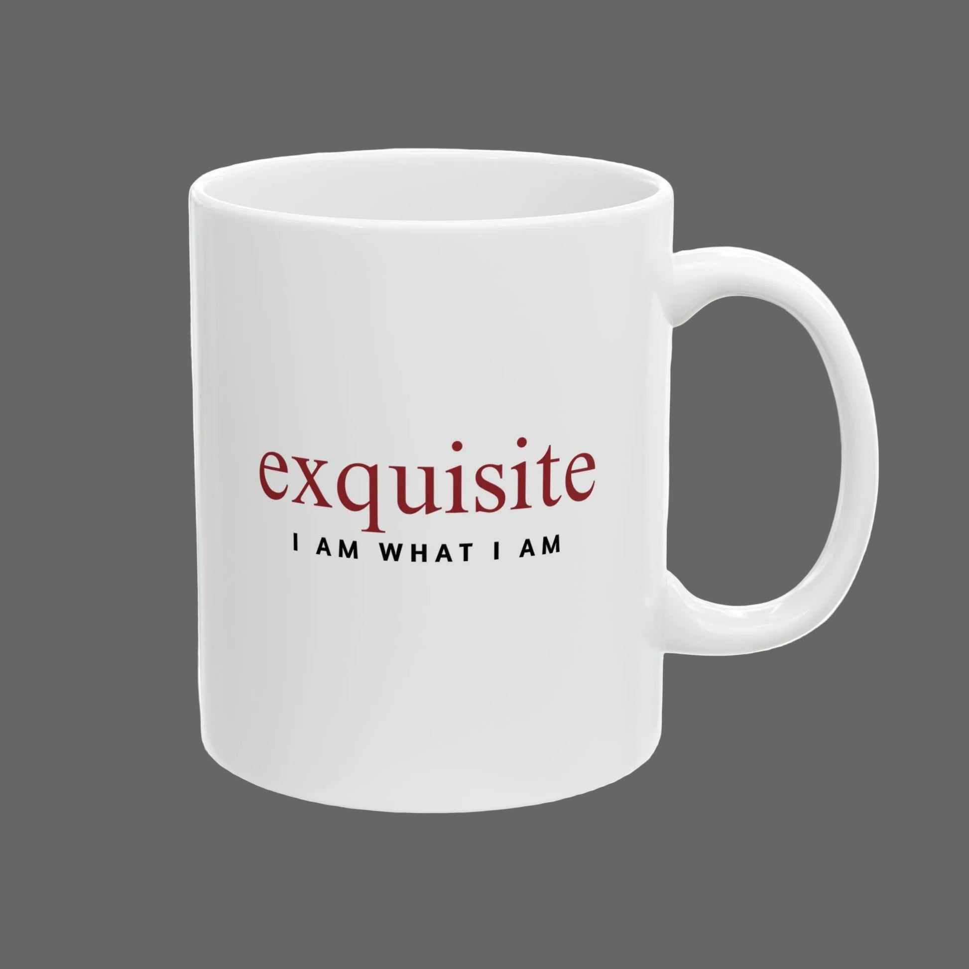White mug with red and black text on a white background