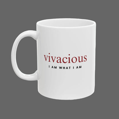 White mug with red and black text on a white background