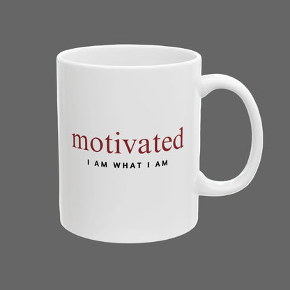 White mug with motivational text 'motivated I AM WHAT I AM' on a white background