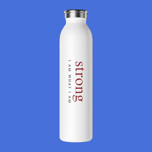 White water bottle with motivational strong on a blue background