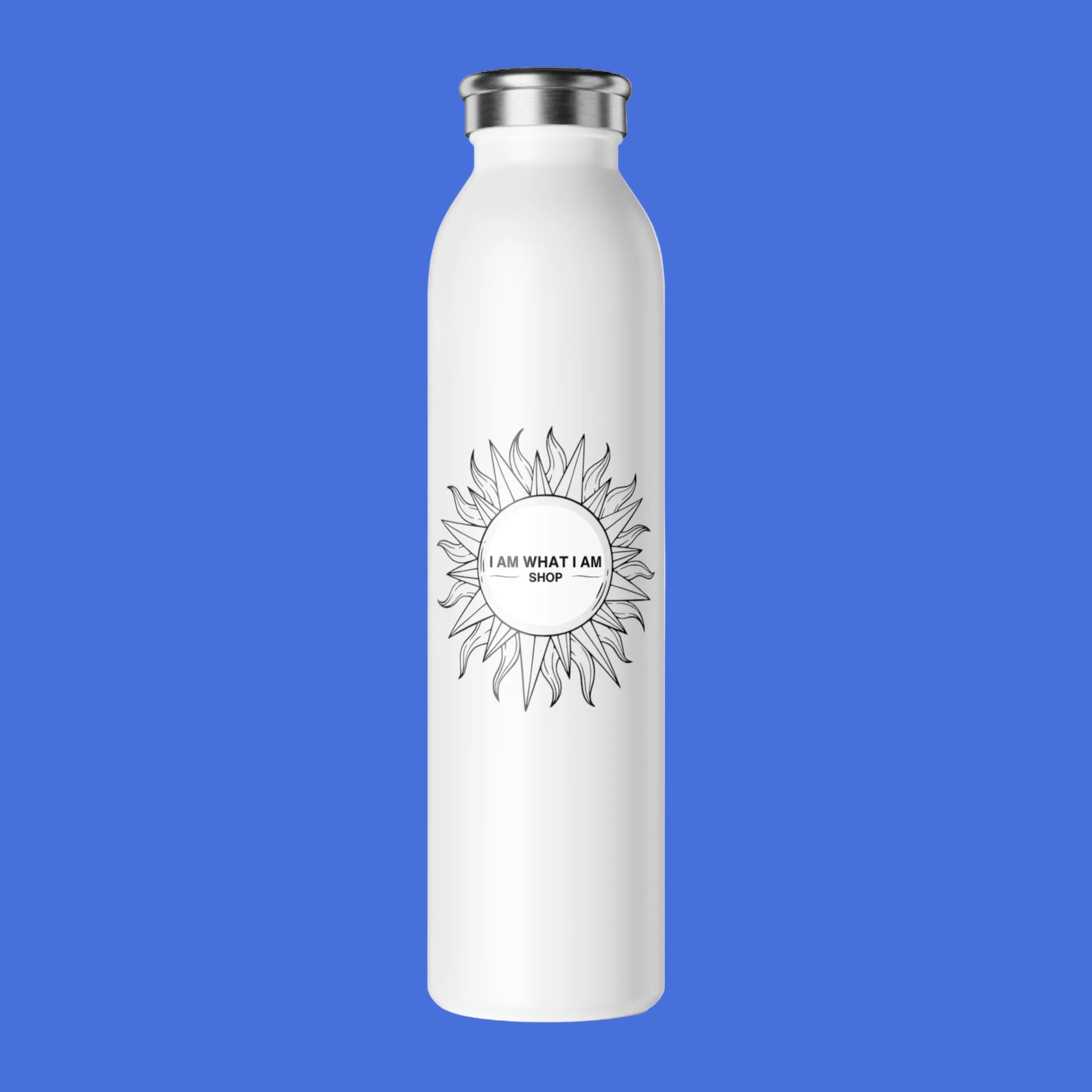 White water bottle with sunflower design and I Am What I Am on a white background