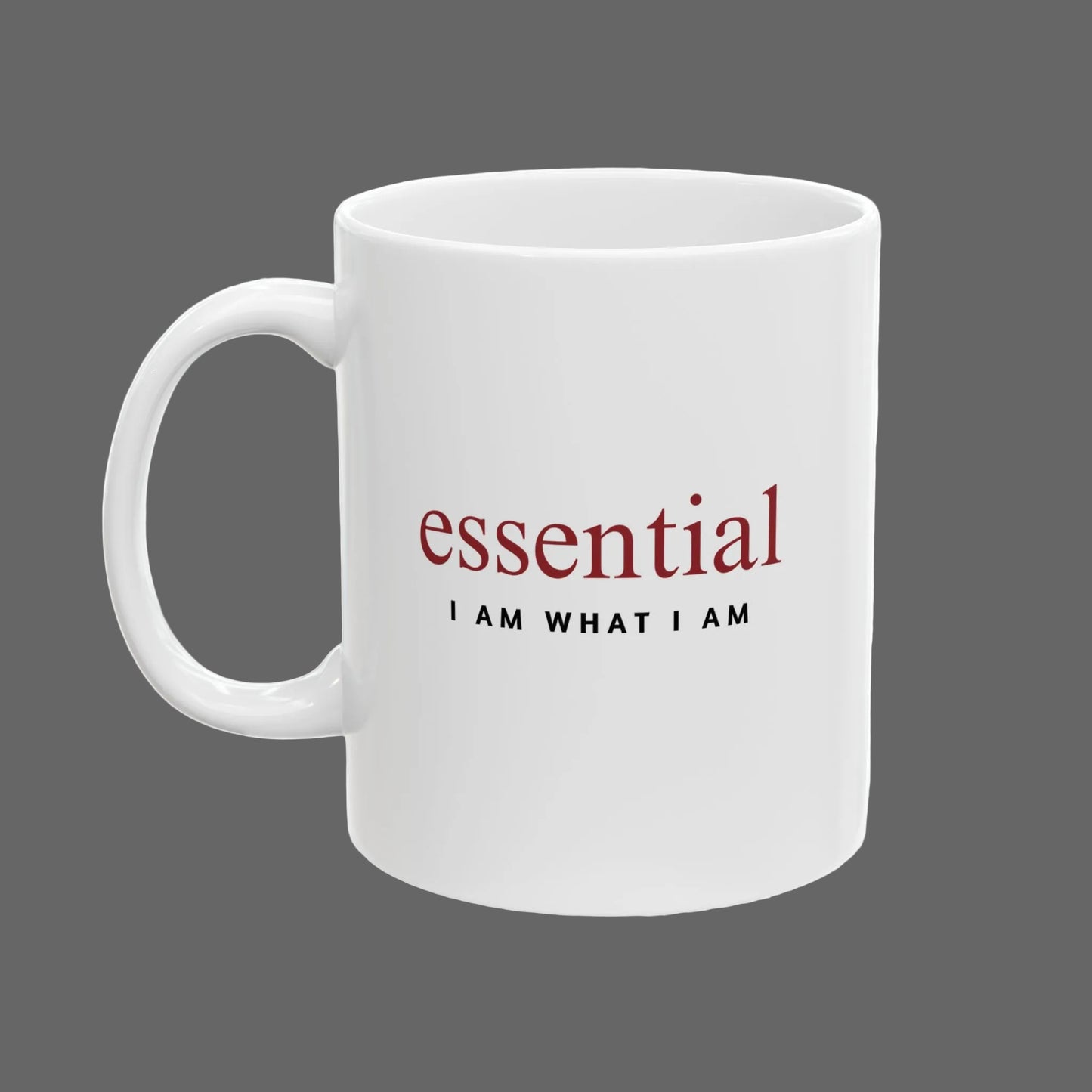 White mug with red and black text on a white background