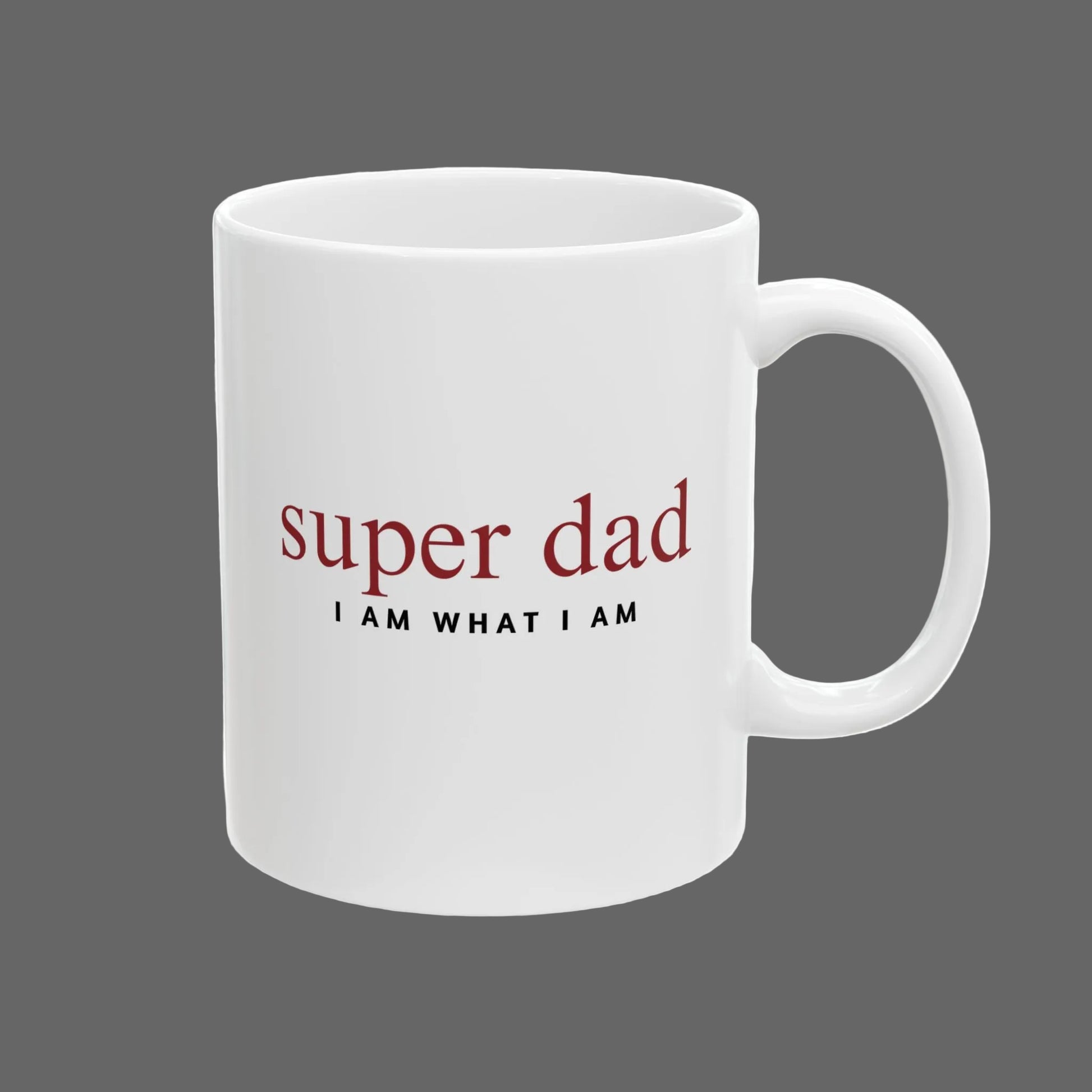 White mug with 'super dad I am what I am' text on a white background