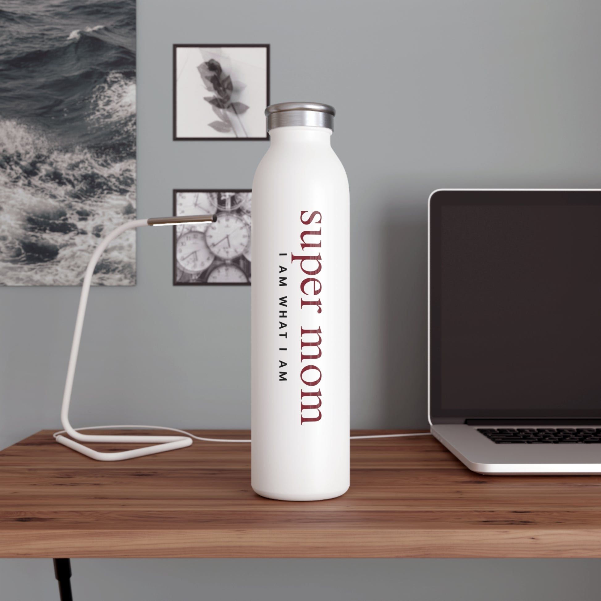 White water bottle with 'super mom I am what I am' text 