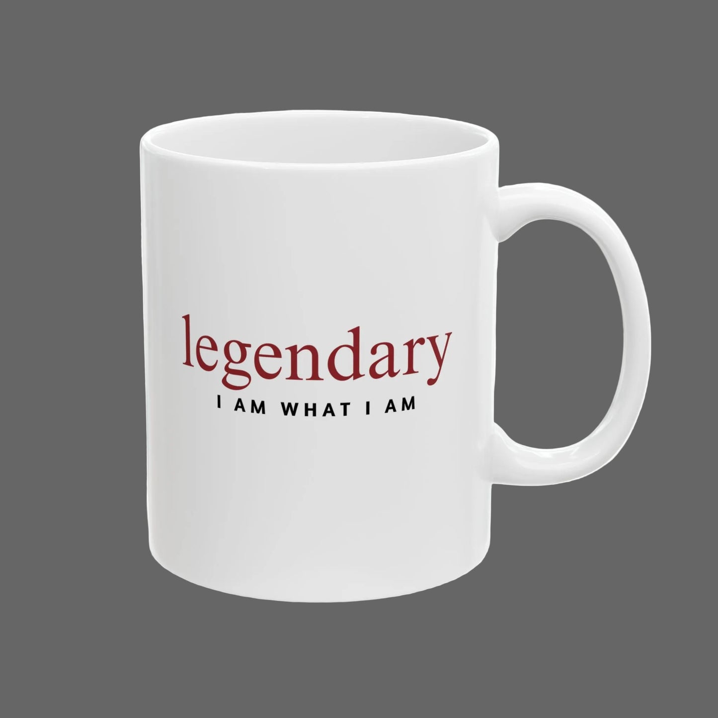 White mug with red and black text on a white background