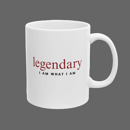 White mug with red and black text on a white background