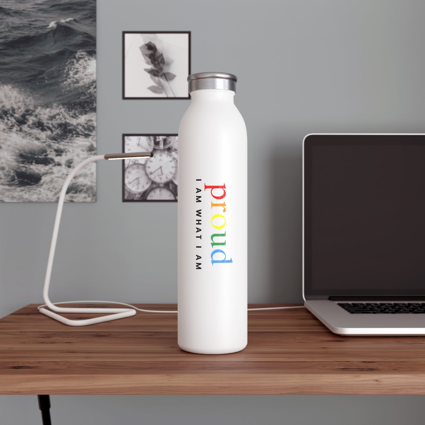White water bottle with 'I AM WHAT I AM proud' text on a white background