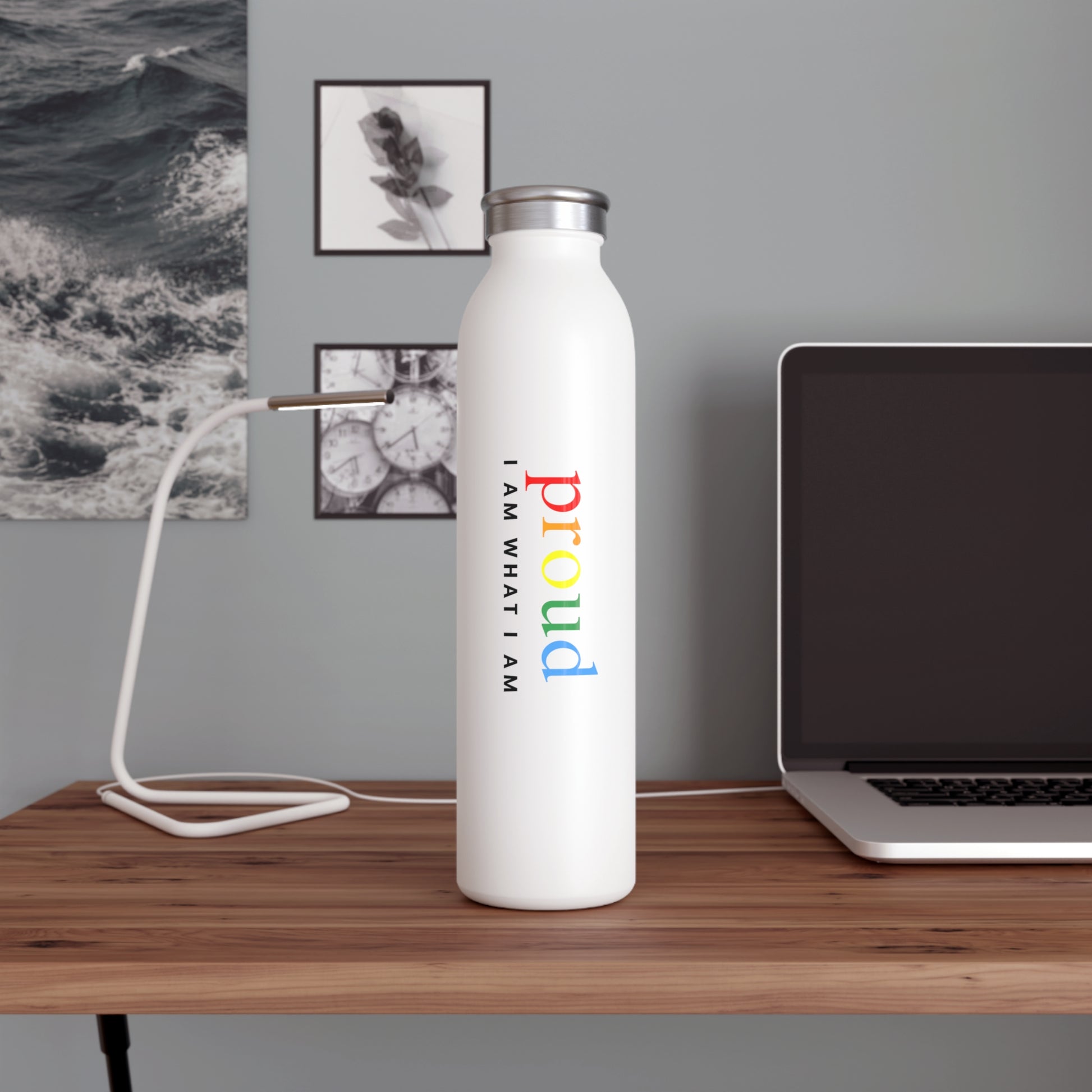 White water bottle with 'I AM WHAT I AM proud' text on a white background