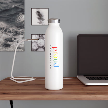 White water bottle with 'I AM WHAT I AM proud' text on a white background