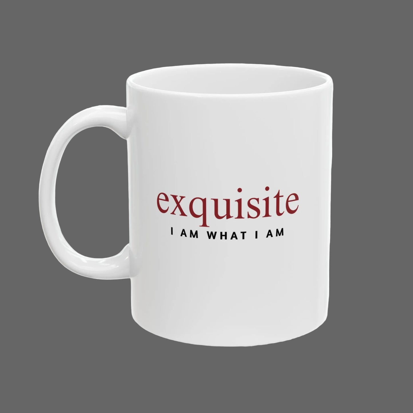 White mug with red and black text on a white background