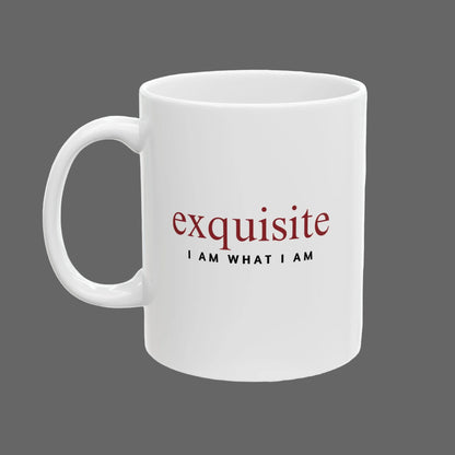 White mug with red and black text on a white background
