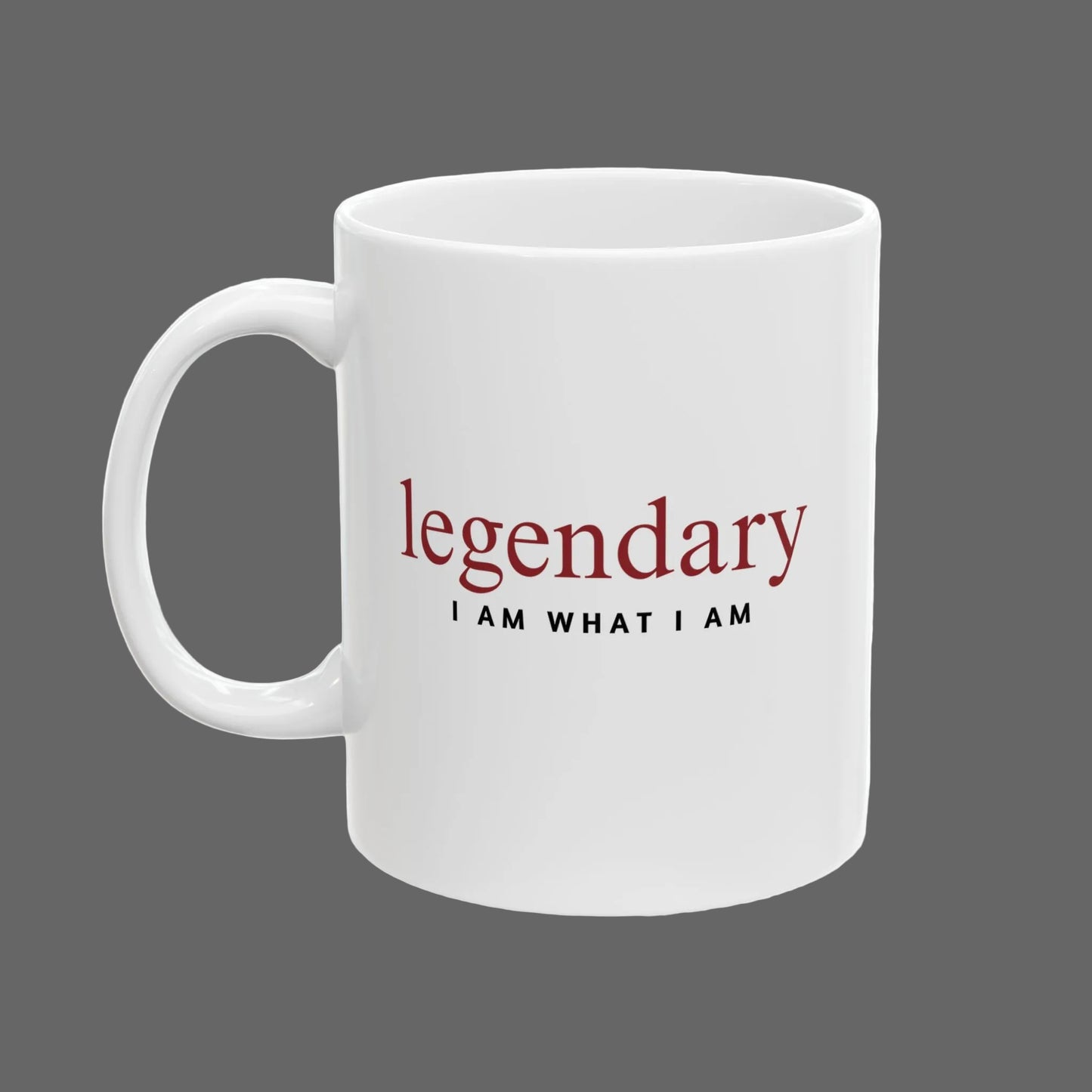 White mug with red and black text on a white background