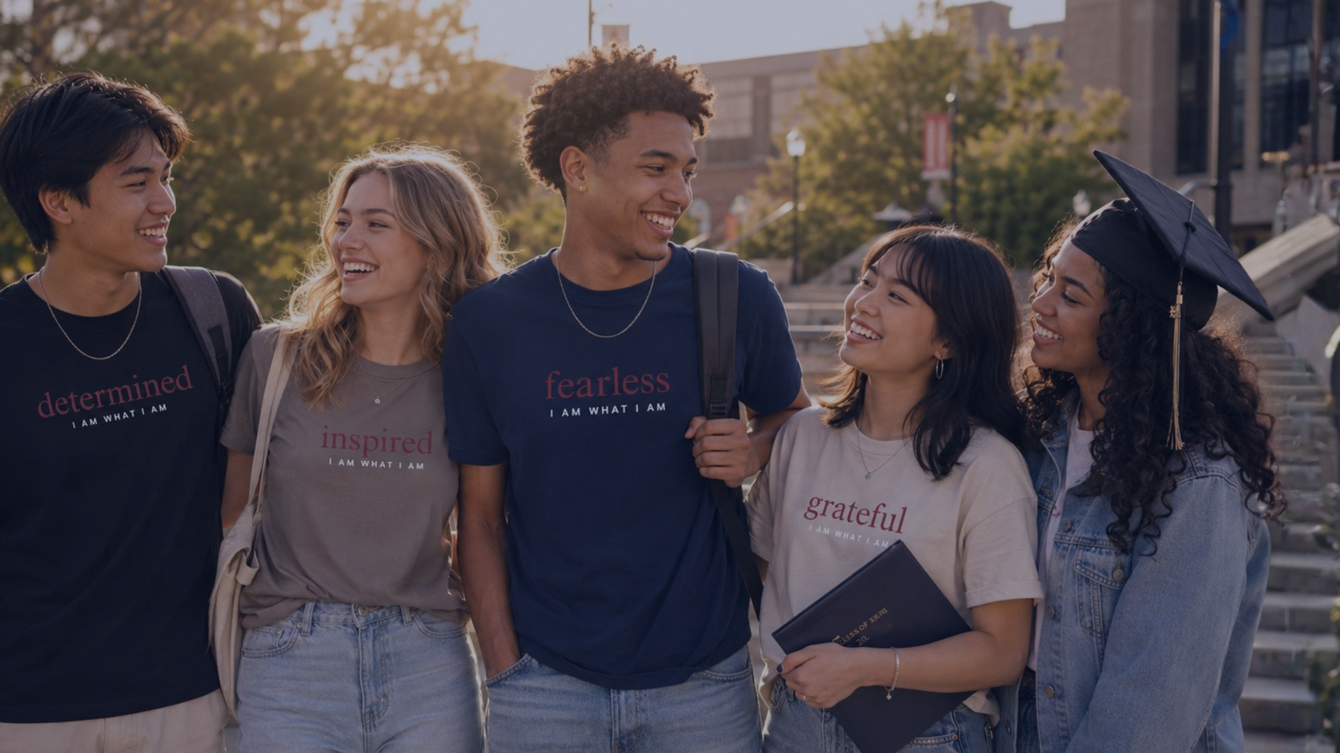 group of graduating students wearing affirmations tees