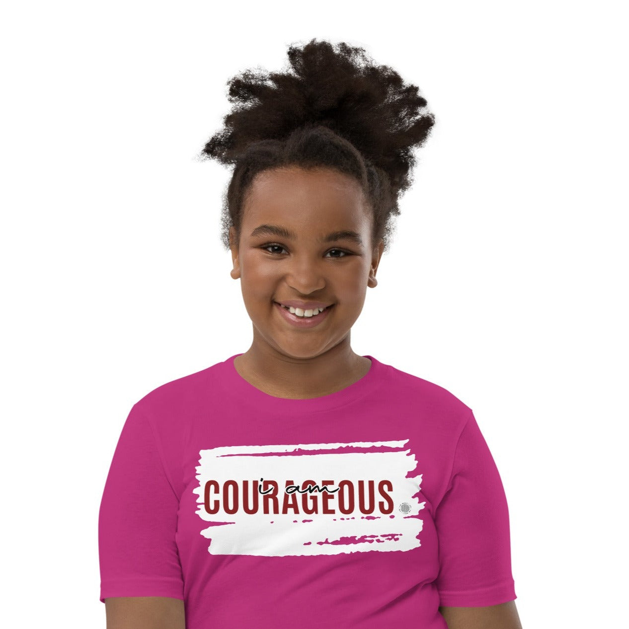 Our ‘I Am Courageous’ affirmation youth t-shirt describes your son or daughter who auditions for a part in the school play or runs for student counsel. Your child has no fear.  Positive affirmations for kids can build their confidence.
