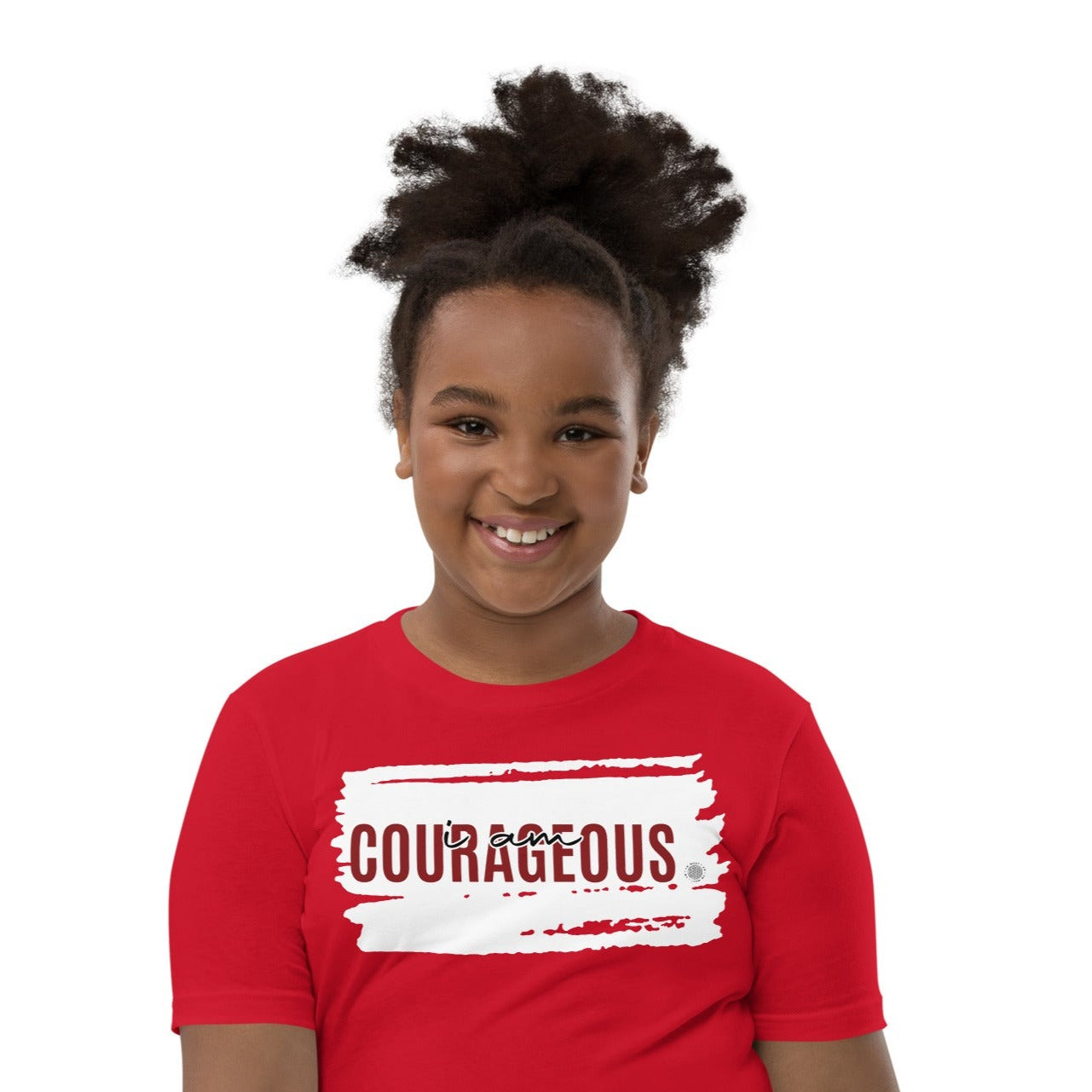 Our ‘I Am Courageous’ affirmation youth t-shirt describes your son or daughter who auditions for a part in the school play or runs for student counsel. Your child has no fear.  Positive affirmations for kids can build their confidence.
